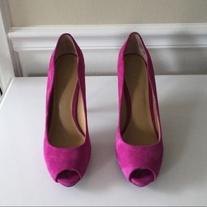 Pink /fuchsia peep toe suede heels